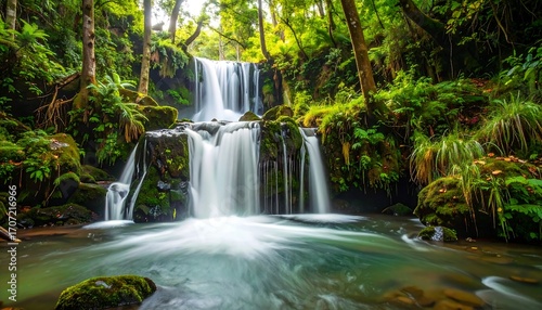 Lush waterfall cascading into a tranquil pool, surrounded by verdant forest