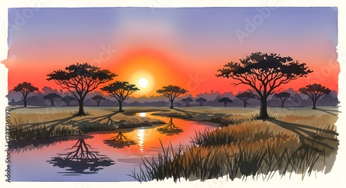 Vibrant African Savanna Sunset Illustration