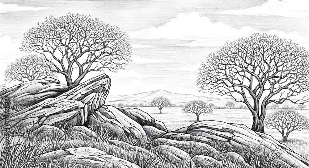 Fototapeta premium Hand-Drawn Rocky Savanna with Leafless Trees