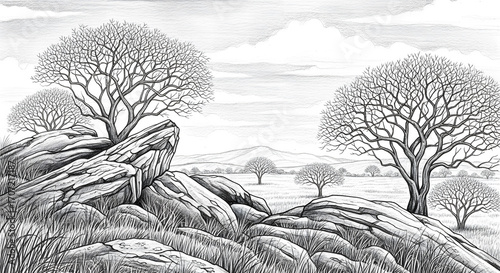 Hand-Drawn Rocky Savanna with Leafless Trees