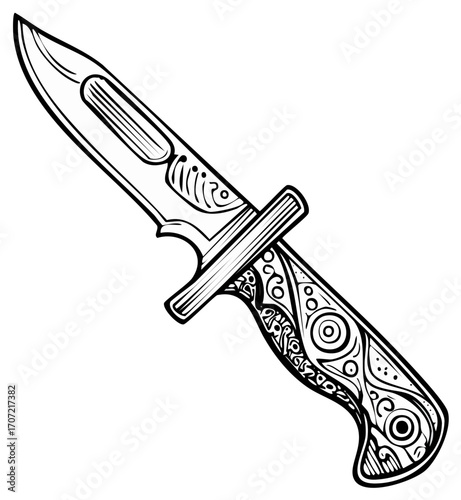 Black and white line drawing of an ornate hunting knife with a highly detailed decorative handle