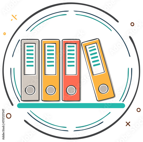 Abstract icon of colorful document binders on a shelf for organized data storage