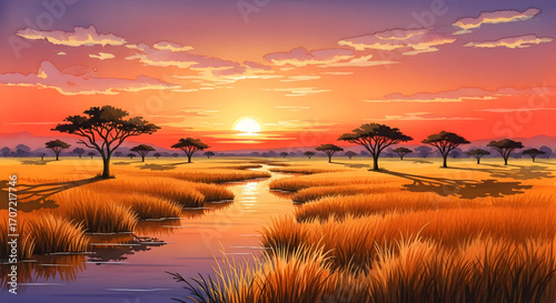 Vibrant Sunset on a Serene Savanna River
