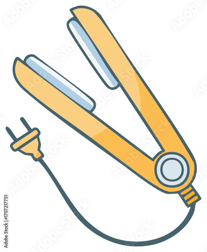 Yellow hair straightener cartoon illustration. Electric flat iron styling tool for beauty and salon concepts.