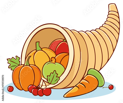 Cornucopia overflowing with autumn harvest fruits and vegetables illustration