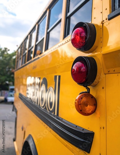 Side view of a vibrant yellow school bus with visible rear lights and side lettering, captured on a city street under daylight
