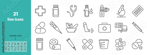 Pharmacy line icon set.  Stethoscope, blood pressure monitor, microscope, measuring cup, tube of ointment, herbal medicine, drug, pills vector illustration. Editable Strokes