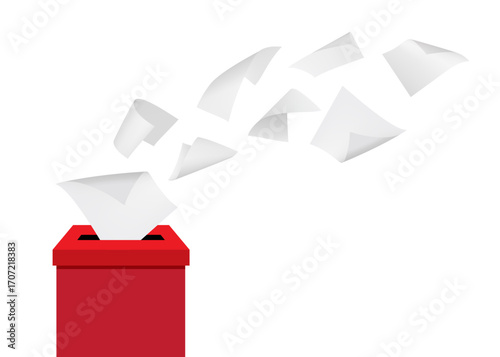 Voting boxes and voting papers flew around. Voting ballot in ballot box. Voting and election concept. Vector stock illustration