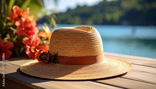 Wallpaper Mural Straw hat on wooden deck, lake in background Torontodigital.ca