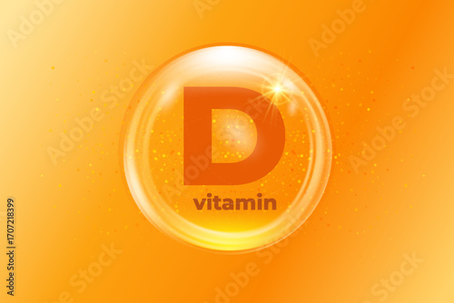 Vitamin D with glowing bubbles against an orange background.  Yellow water skin ball for medical capsule design. Vector.