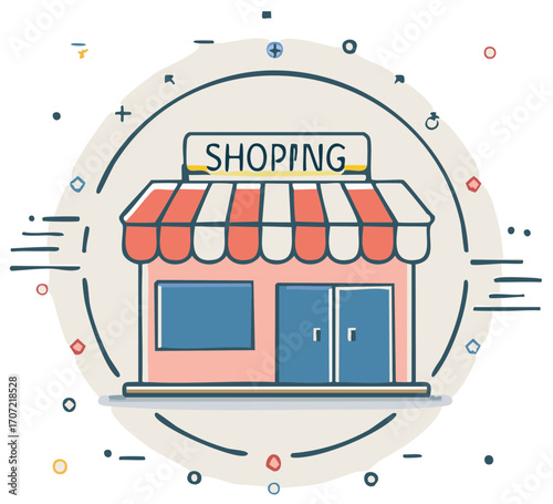 Charming cartoon shop building with striped awning advertising shopping in a circle of doodles