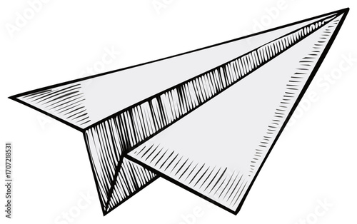 Hand drawn paper airplane soaring through the air with a sketched line design