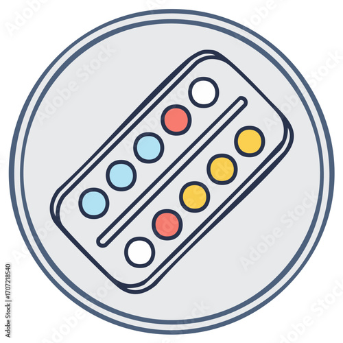 Medical pills in a blister pack with colorful capsules and circular frame icon
