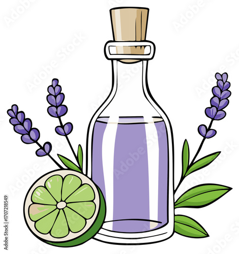 Lavender essential oil bottle with fresh lime and aromatic herbs illustration