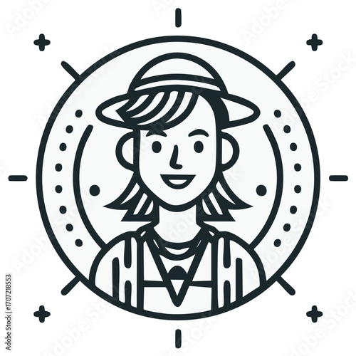 Happy adventurer or farmer portrait icon in a compass style frame A minimalist line art vector illustration of a person