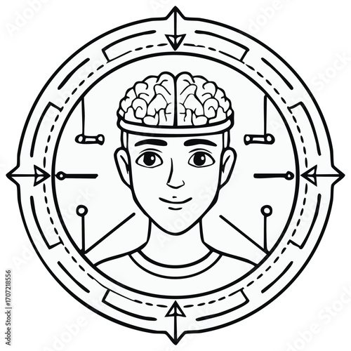 Stylized Person with Brain, Electrical Circuits, Arrow Compass Direction in Circular Diagram