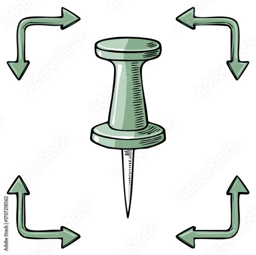 Hand drawn illustration of push pin and arrows showing directions for a project