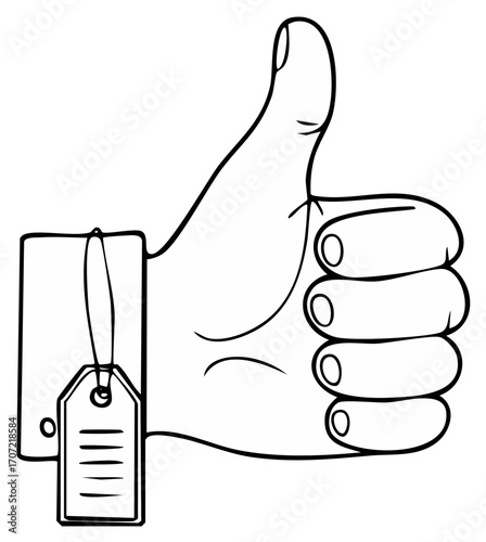 Hand with thumb up gesture and blank price tag outline