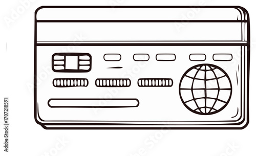 Credit or debit card icon sketch illustration with global map, financial institution payment method concept line art