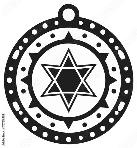 Iconic Star of David symbol in a minimalist circular pendant with a decorative spiked border