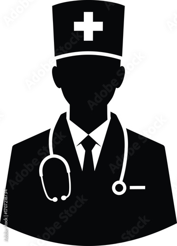 Silhouette of a doctor wearing a white coat and stethoscope, with a doctor's cap.