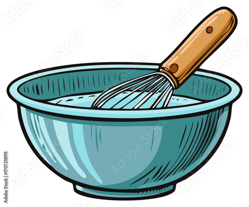 Illustration of a Mixing Bowl with a Whisk, Baking and Cooking Concept