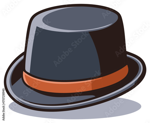 Elegant gray and black top hat with a brown ribbon around its base, angled perspective, classic style.