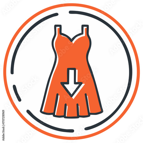 Clothing Donation Icon Featuring a Dress and Downward Arrow Encapsulated in a Circle