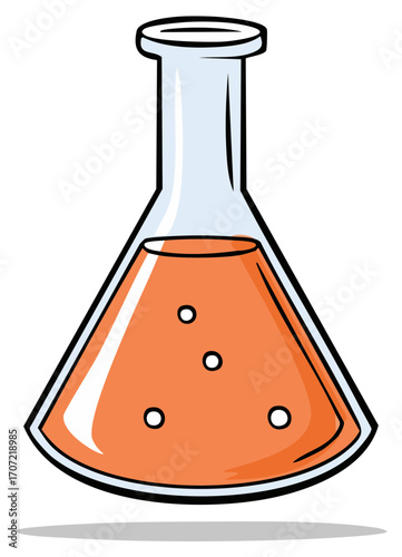 Erlenmeyer Flask Cartoon: Orange Liquid, Bubbles, Chemical Container