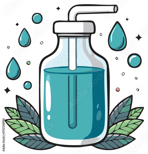 Liquid soap dispenser with bubbles and leaves for hygiene and cleansing concept