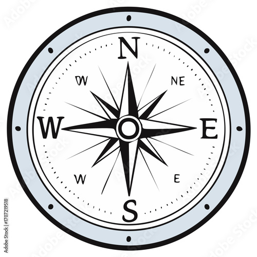 Compass rose with north south east and west directions. Navigation guidance equipment to explore world