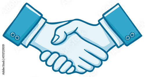 Two stylized hands in blue suits shaking firmly in agreement