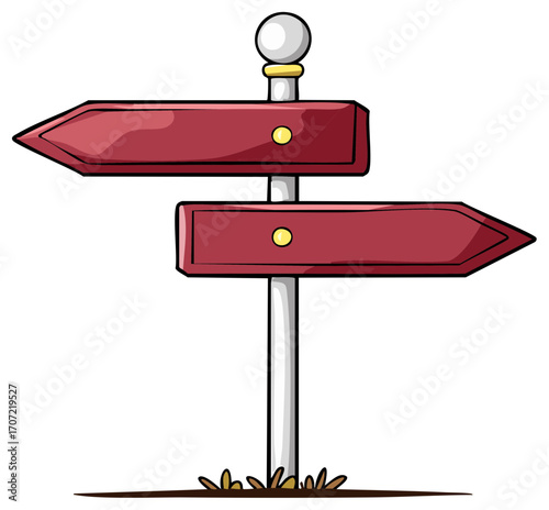 Hand drawn cartoon directional signpost with two red arrow signs pointing left and right
