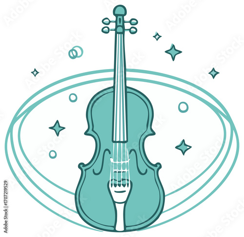 Teal violin with sparkle and dreamy lines for musical concept illustration.