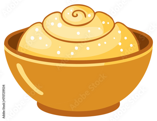 Yellow creamy swirl dessert in a golden bowl with white dots illustration