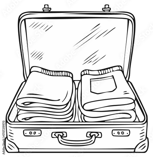 Open suitcase with folded clothes inside outline vector illustration, black and white sketch of baggage with apparel for coloring book