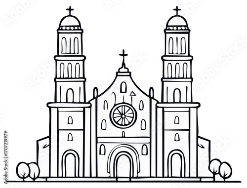 Catholic Church Line Art with Twin Towers and Crosses for Religious Illustration