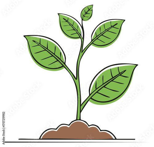 Simple illustration of a green plant seedling emerging from brown soil with a clean outline