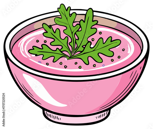 Vibrant Pink Soup in Bowl with Fresh Green Garnish and Scattered Seeds, Cartoon Style