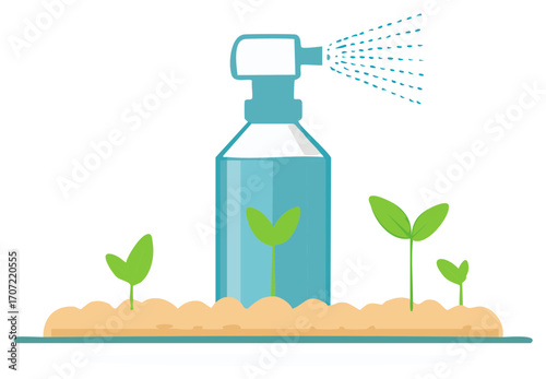 Garden Sprayer and Sproutlings Watering Illustration for Growth and Cultivation Conceptual Illustration