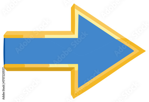 Blue and gold three dimensional arrow symbol pointing right for direction and navigation isolated graphic