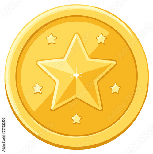 Bright shiny golden coin with a large star and five smaller stars symbolizing reward achievement or game points
