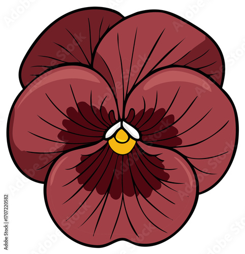 Simple vector illustration of a maroon pansy flower with yellow center