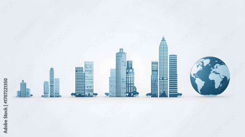 Fototapeta premium Illustration of business growth stages with people, charts, and globe.