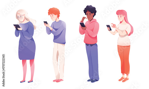 A diverse group of young individuals actively engaged with their smartphones and devices