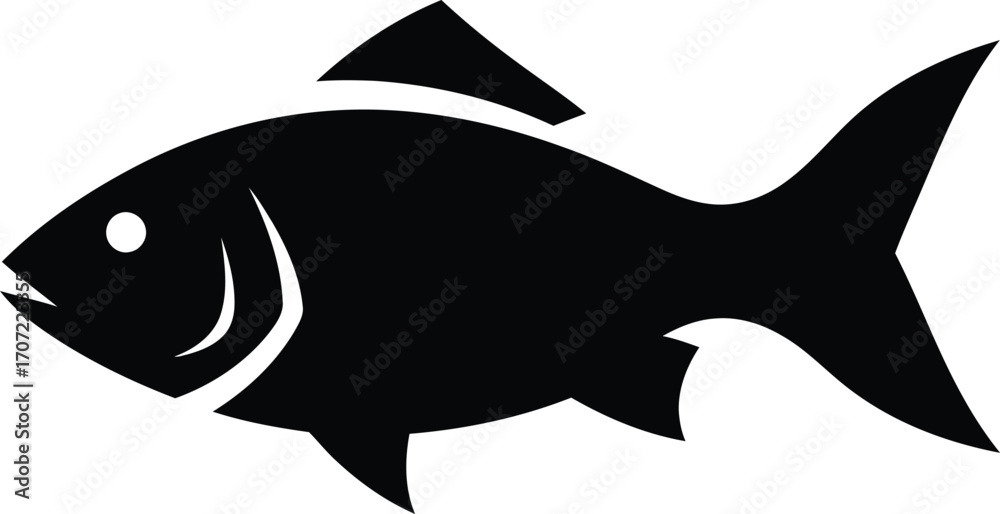 Obraz premium Black silhouette of a fish, featuring details of the eye, fins, and body shape, isolated on white.