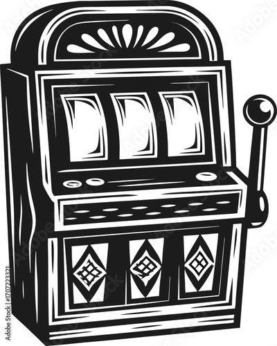 Classic slot machine illustration in vintage black and white casino gambling luck concept with lever and spinning reels