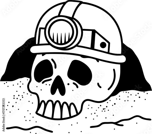 Human skull wearing miner helmet with headlamp, buried in dirt death hazard, mining safety, underground danger concept illustration