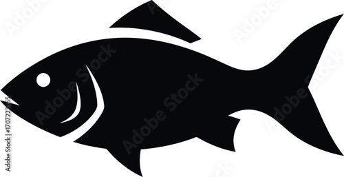 Black silhouette of a fish, featuring details of the eye, fins, and body shape, isolated on white.