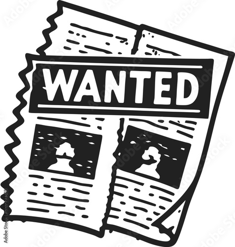 Wanted poster illustration black and white torn newspaper page with suspect silhouettes, outlaw, crime, justice concept